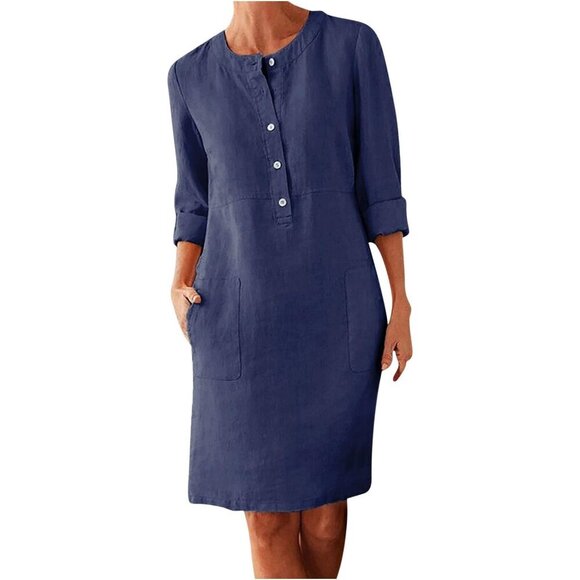 Women’s Half Button Down Cotton Linen Long Sleeve Crewneck Dress w/ Pockets – S - Picture 1 of 13